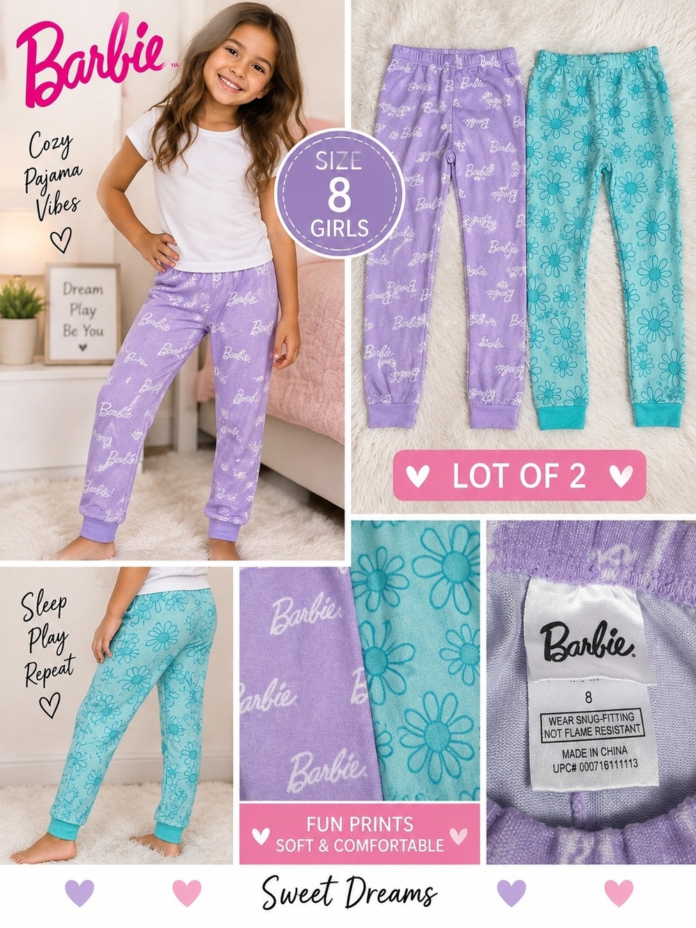 Barbie girls size 8 lot of 2 flower barbie pajama bottoms #33